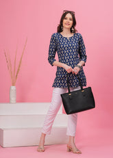 Elegant Blue Block Print Traditional Chic Style Pure Cotton Short Kurti